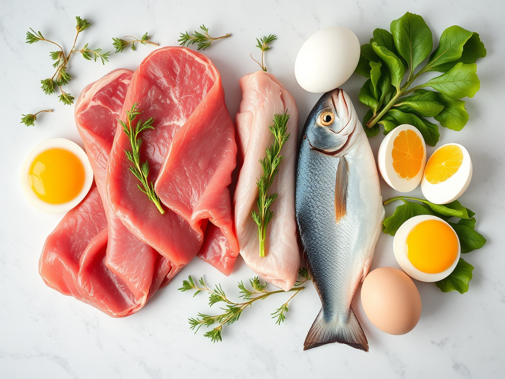 an arrangement of high-risk raw foods - meat, fish, eggs, and leafy greens - presented in a professional, minimalist style