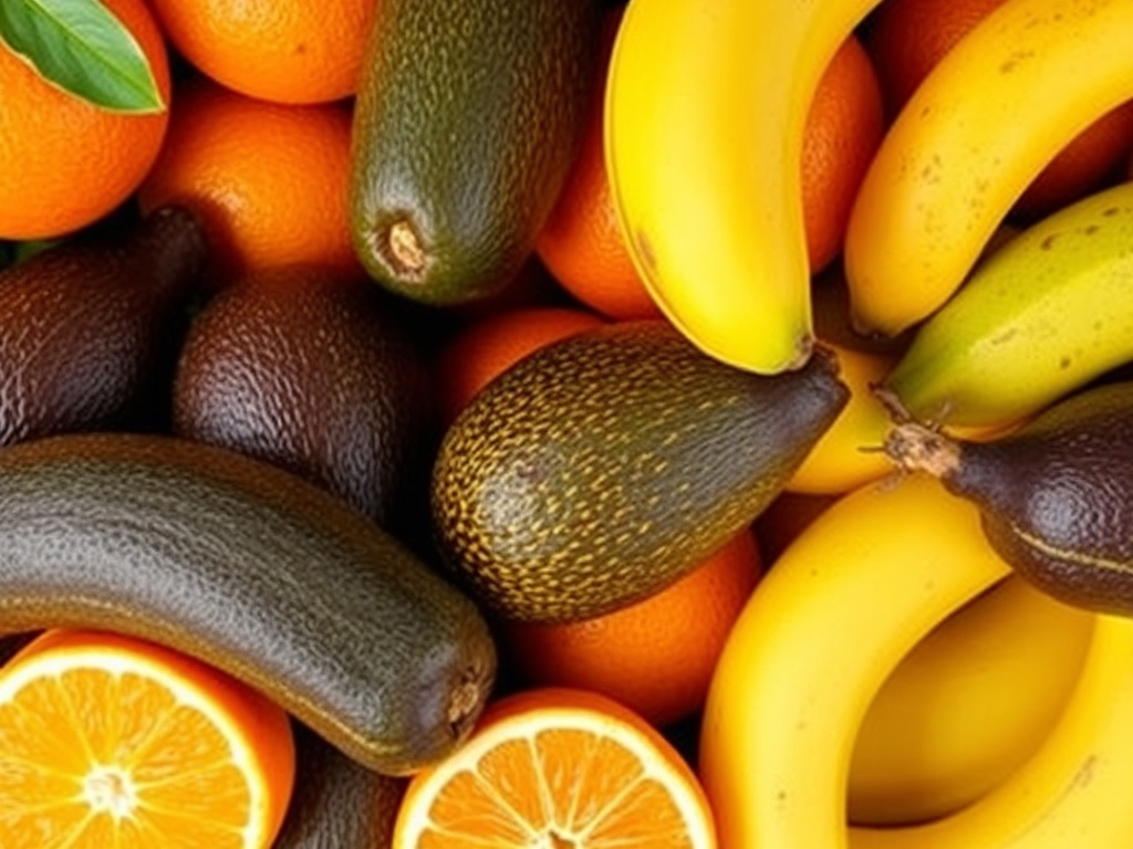 A vibrant display of fruits with thick peels (orange, avocado, banana) arranged in a visually appealing manner, corporate visual style