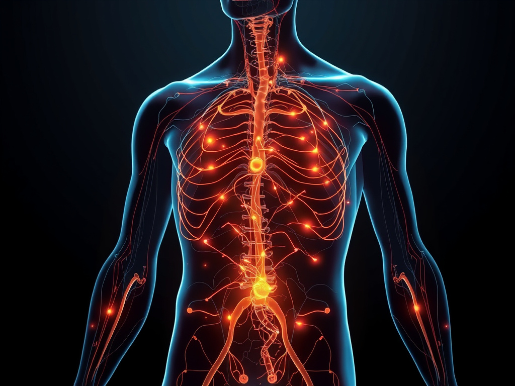 an abstract representation of the human body's internal systems, with glowing lines and a dark background