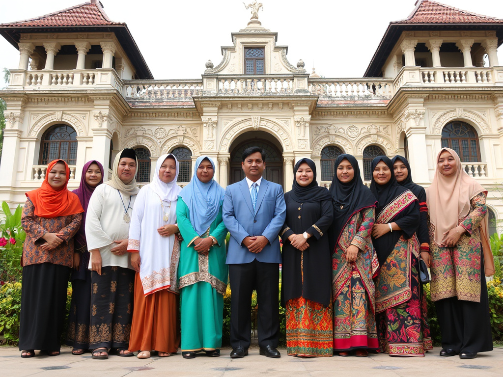 a group of diverse people in traditional Acehnese clothing, standing in front of a historical building
