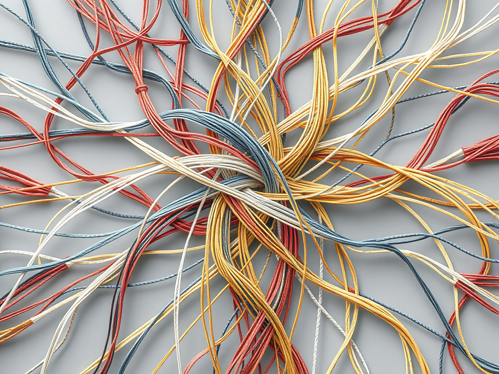 Abstract representation of interwoven threads forming a beautiful tapestry, symbolizing the interconnectedness of faith, community, and sacrifice. Corporate design, conveying complexity and harmony.