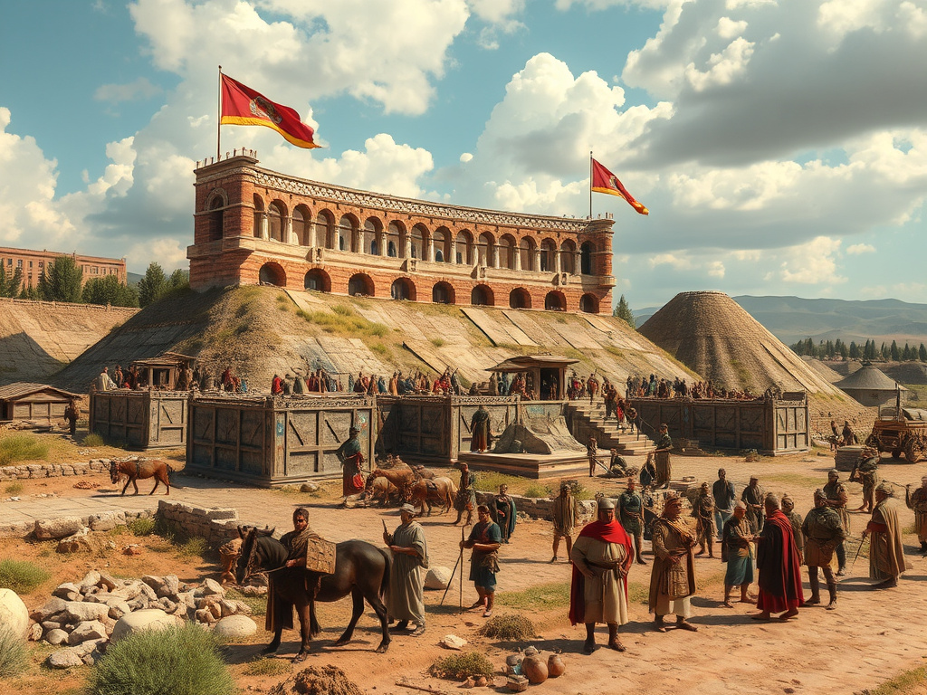 a roman military camp being constructed, demonstrating engineering skills and the presence of civilian population