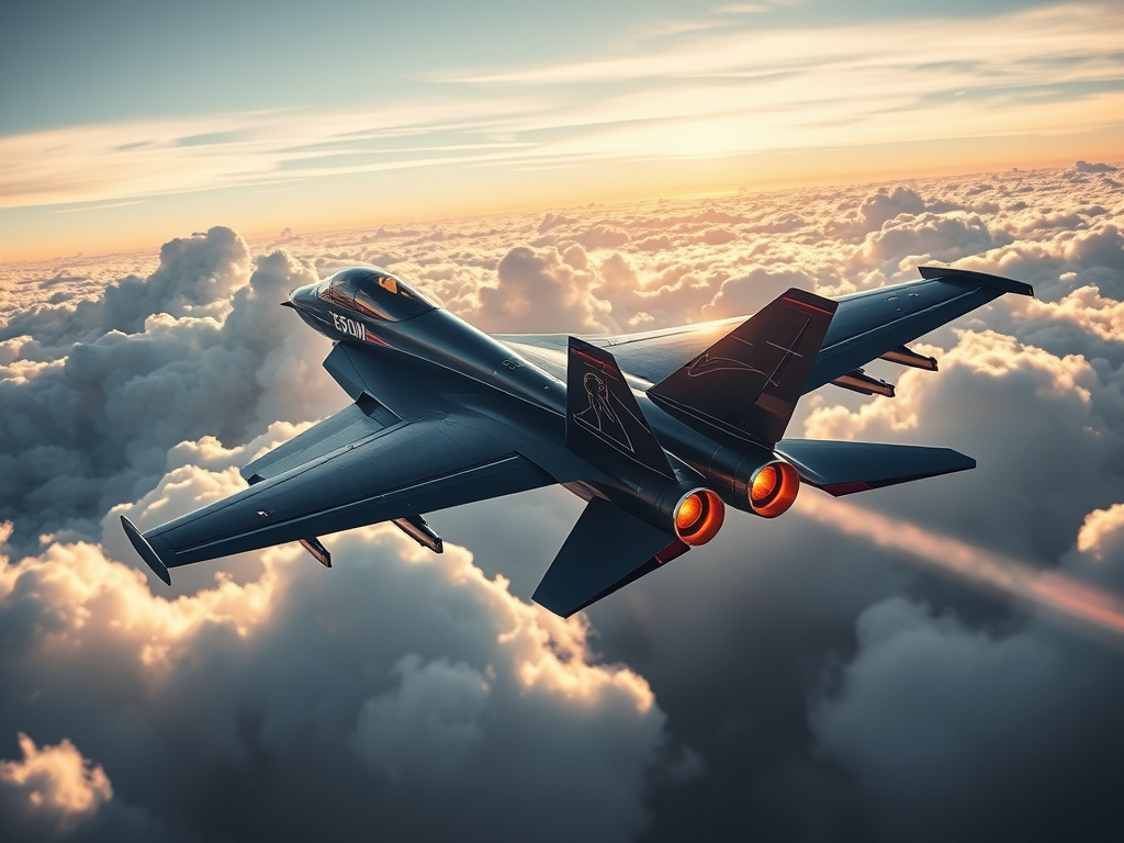 a powerful fighter jet soaring through the clouds, corporate design