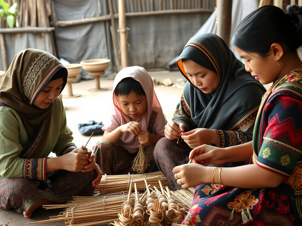 A hopeful scene of young Dayak people learning traditional crafts from their elders, representing the continuation of cultural heritage.