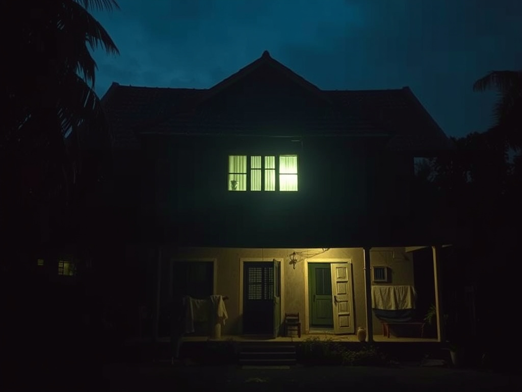 an old Indonesian house at night, with a faint glow emanating from the bathroom window, creating an eerie atmosphere