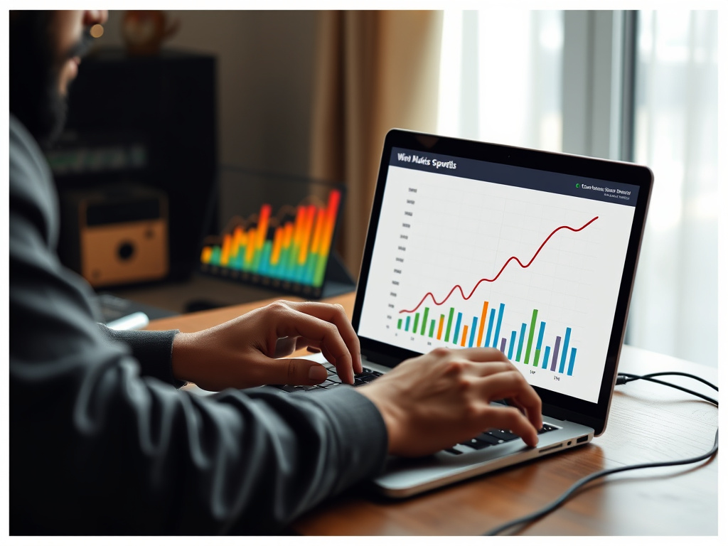 a musician composing music on a laptop with charts showing revenue growth, corporate design