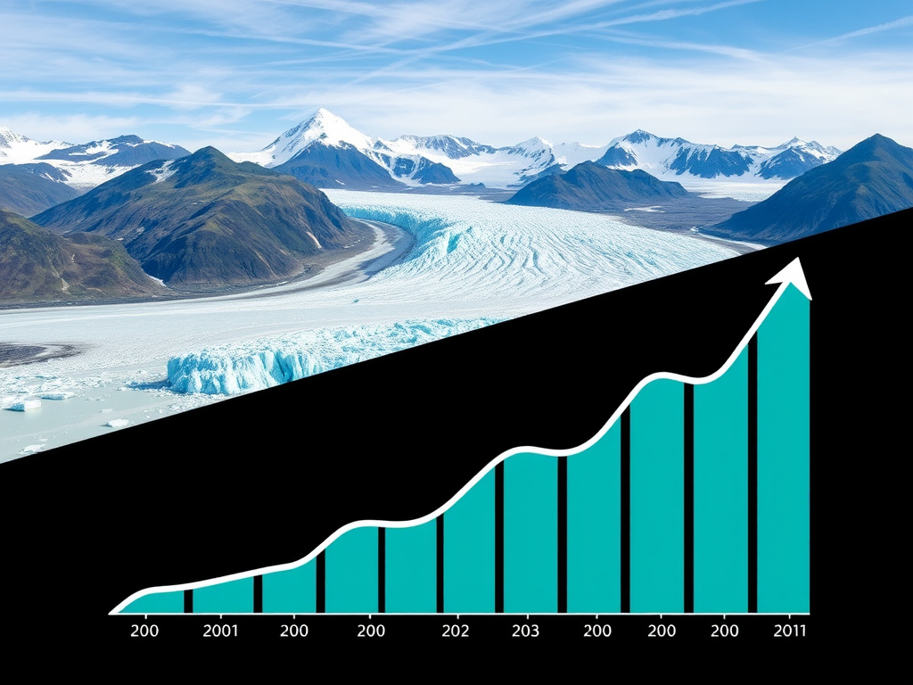 a stylized representation of a melting glacier juxtaposed with a graph showing rising insurance claims