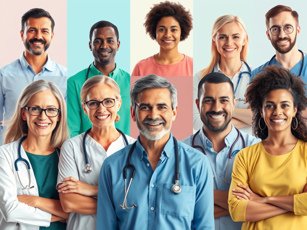 a diverse group of people benefiting from biomedical technology, representing improved health and quality of life, corporate design