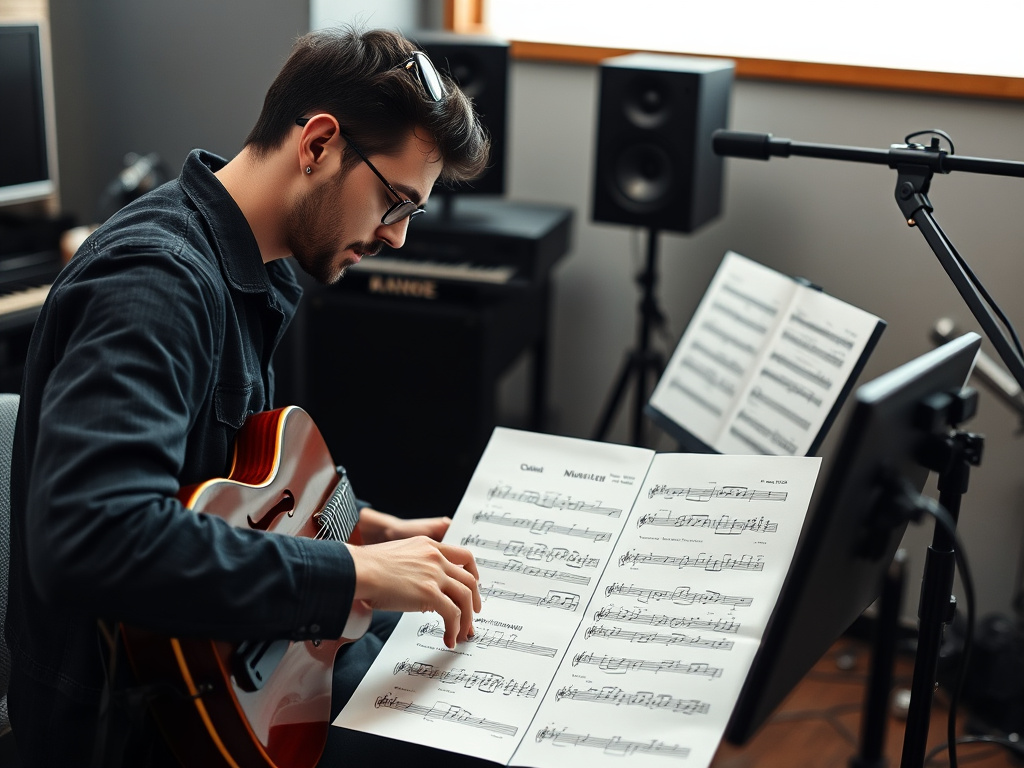 A musician composing music in a studio, focusing on the instrument and sheet music, corporate visual style