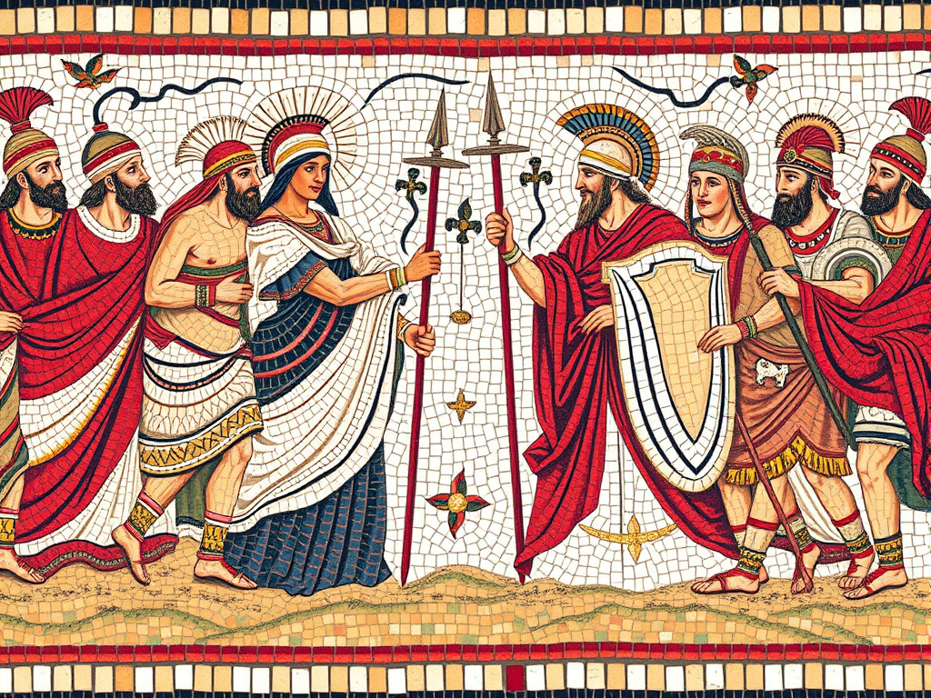 a mosaic depicting a meeting between early roman tribes, emphasizing cultural exchange