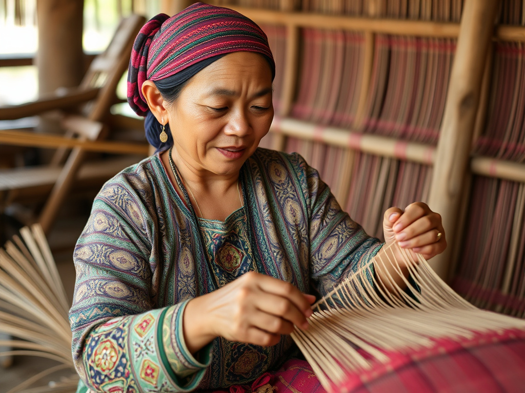 A young Dayak woman practicing traditional weaving techniques, symbolizing the preservation of cultural heritage, corporate design