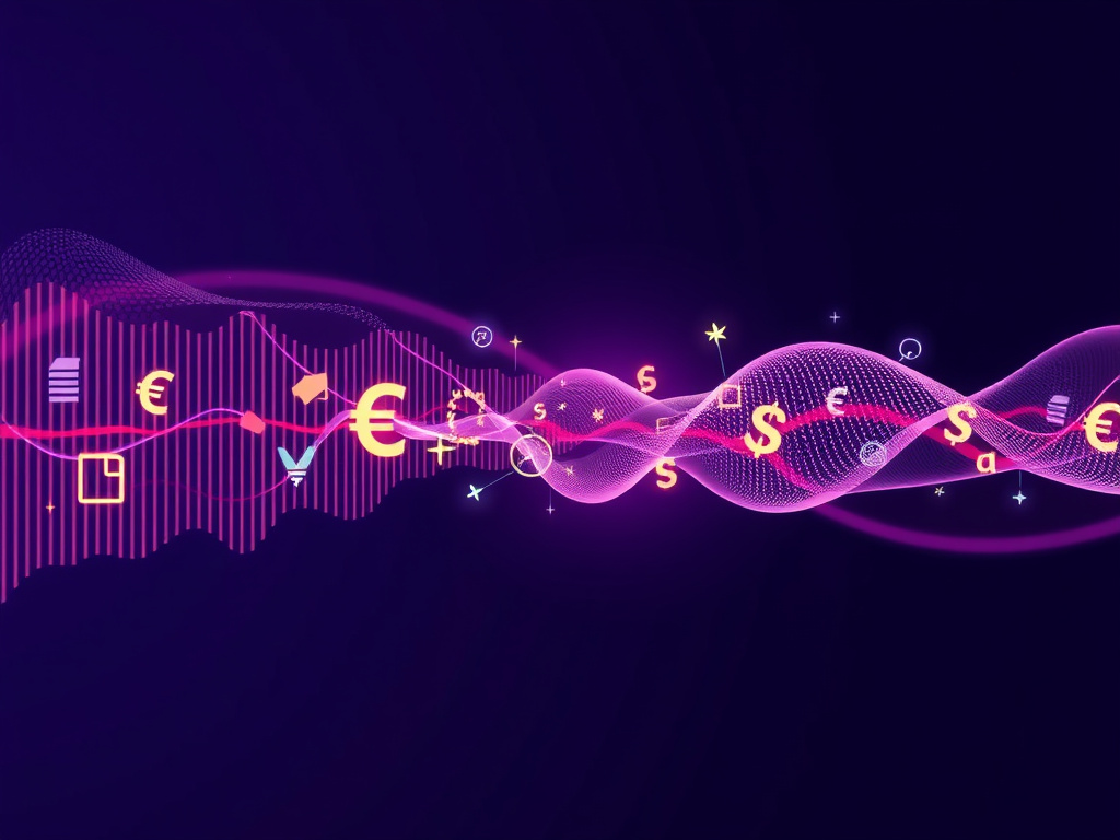 abstract representation of sound waves merging into currency symbols, corporate design