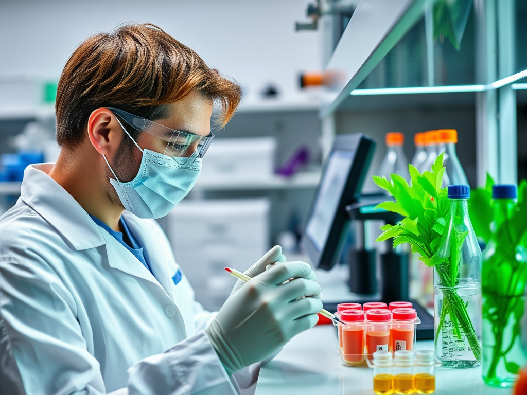 a scientist in a laboratory analyzing food samples using advanced technology, such as PCR or biosensors, corporate science and technology photography