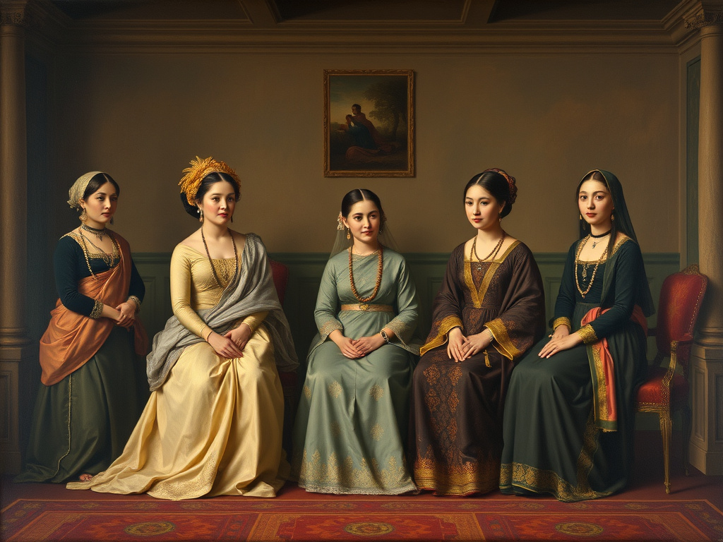 a historical painting depicting a javanese court scene with women in traditional attire, muted colors, corporate design