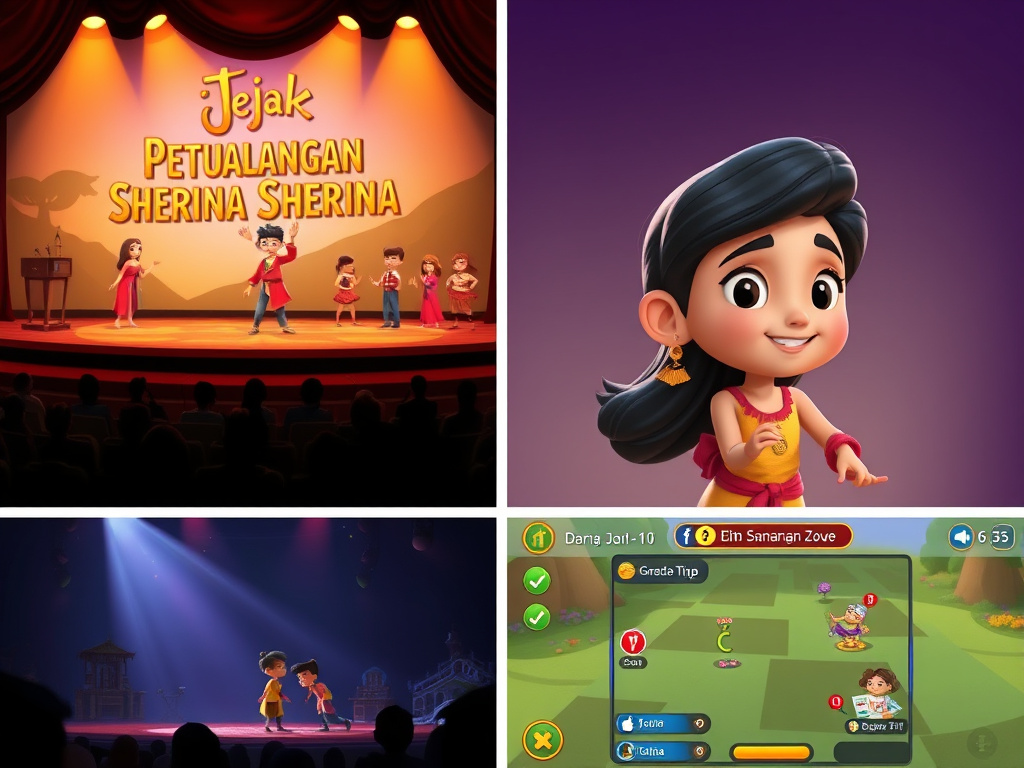 A montage of different adaptations of 'Jejak Petualangan Sherina': a stage musical scene, an animated character design, and a video game screenshot, corporate design