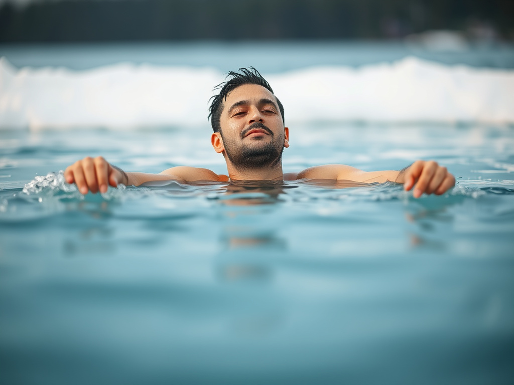 a person enjoying a controlled cold water immersion, emphasizing wellbeing, corporate design