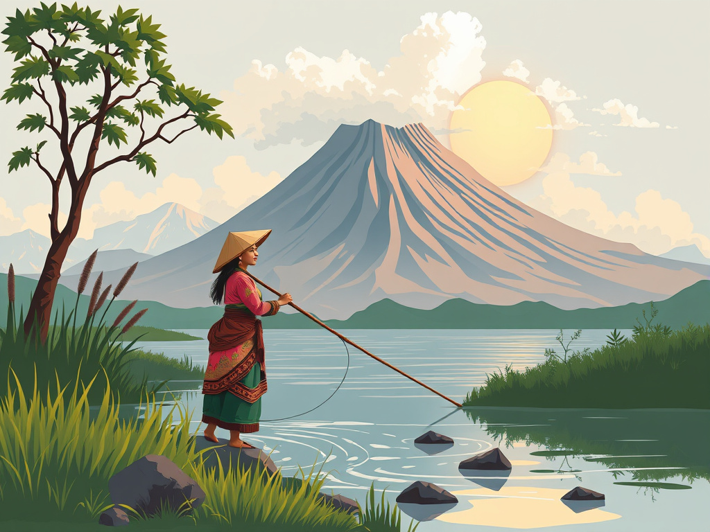 Illustration of a Batak woman fishing near a volcano in traditional clothing, corporate design