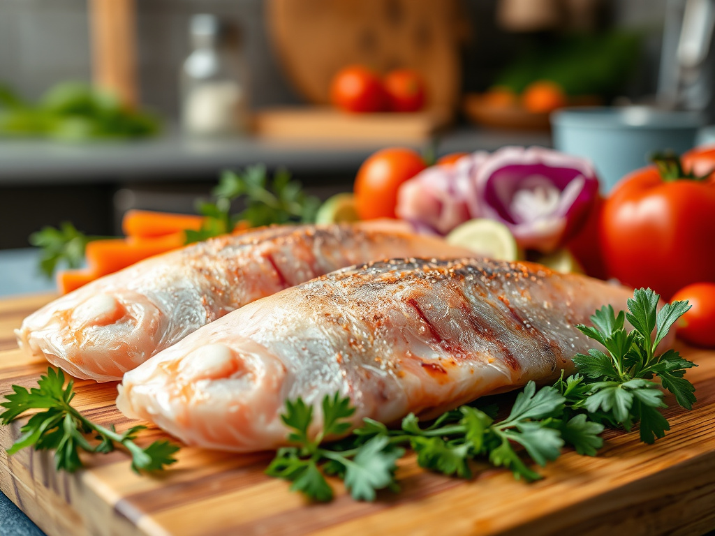 A close-up of raw fish and vegetables displayed on a wooden board, with a blurred background of a kitchen setting, corporate visual style