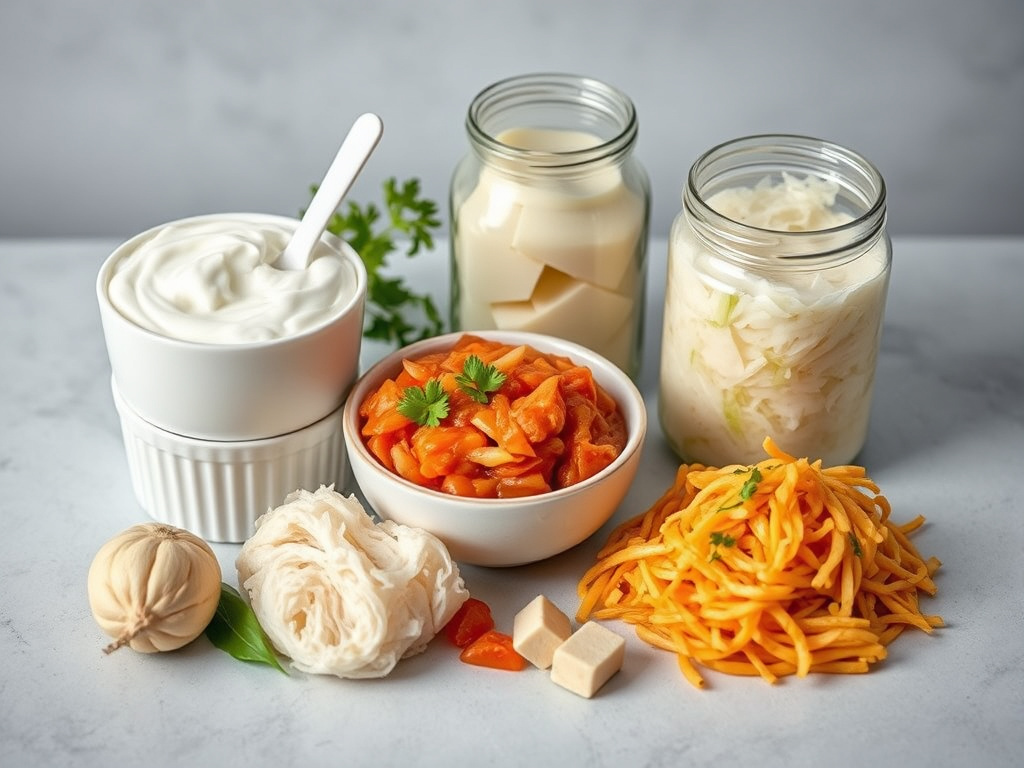 a beautifully styled arrangement of various fermented foods - yogurt, kimchi, sauerkraut, tempe - presented in a healthy and inviting way, corporate food photography