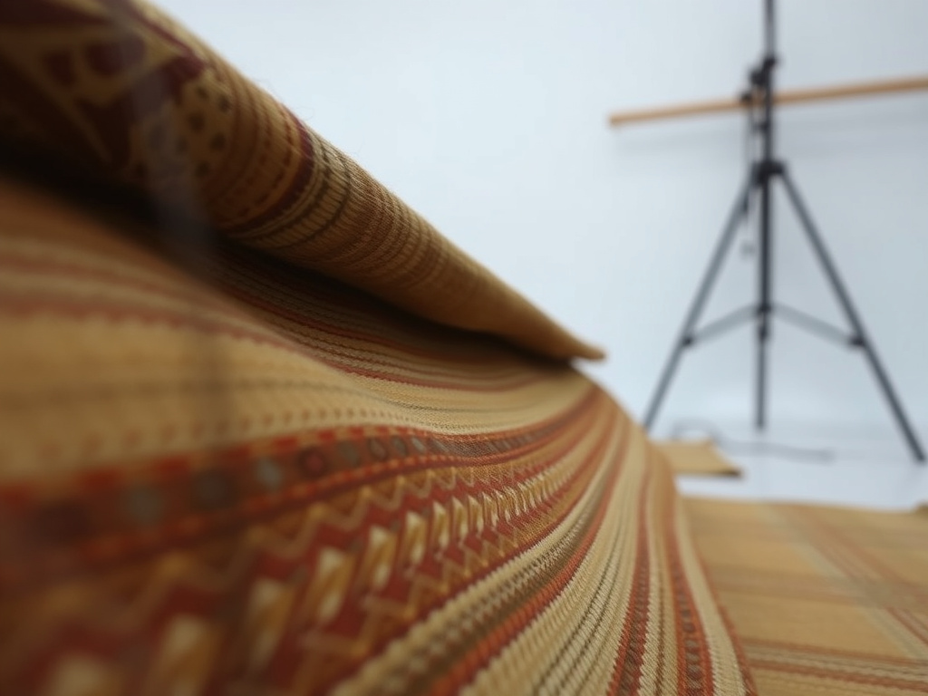 Close-up of traditional Dayak woven textiles with intricate patterns in earth tones, against a blurred background of a simple studio setup.
