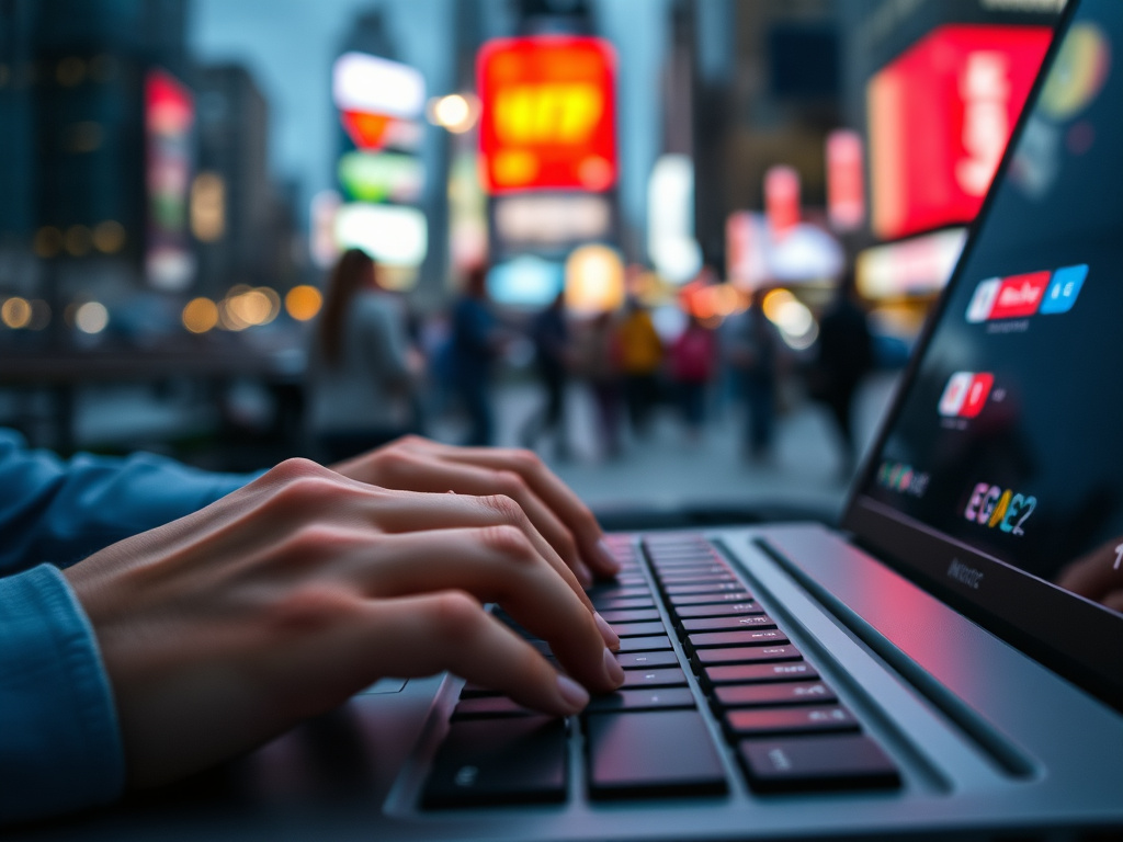 a close-up of fingers typing on a keyboard, with a blurred background of a bustling city