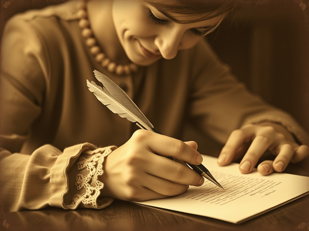 a vintage photograph of a woman writing a letter with a quill pen, sepia toned, corporate design