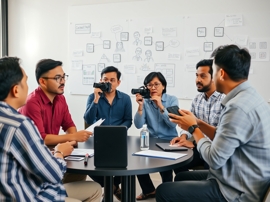 A brainstorming session between Indonesian filmmakers, showing collaboration and creative ideas, corporate visual style