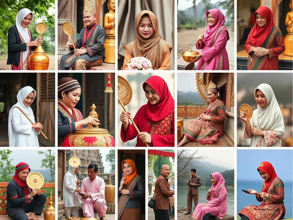 a collage of images showcasing the diverse cultures and traditions of different Malay sub-groups across Southeast Asia