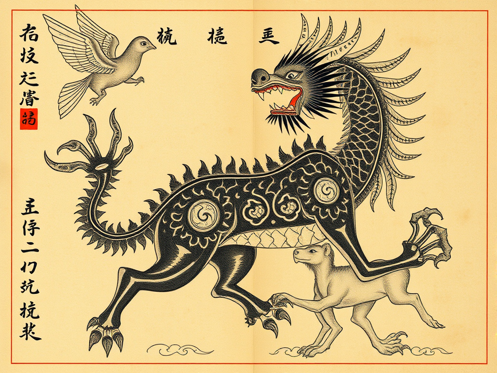 ancient Indonesian manuscript illustrations depicting various animals revered in traditional martial arts, corporate design