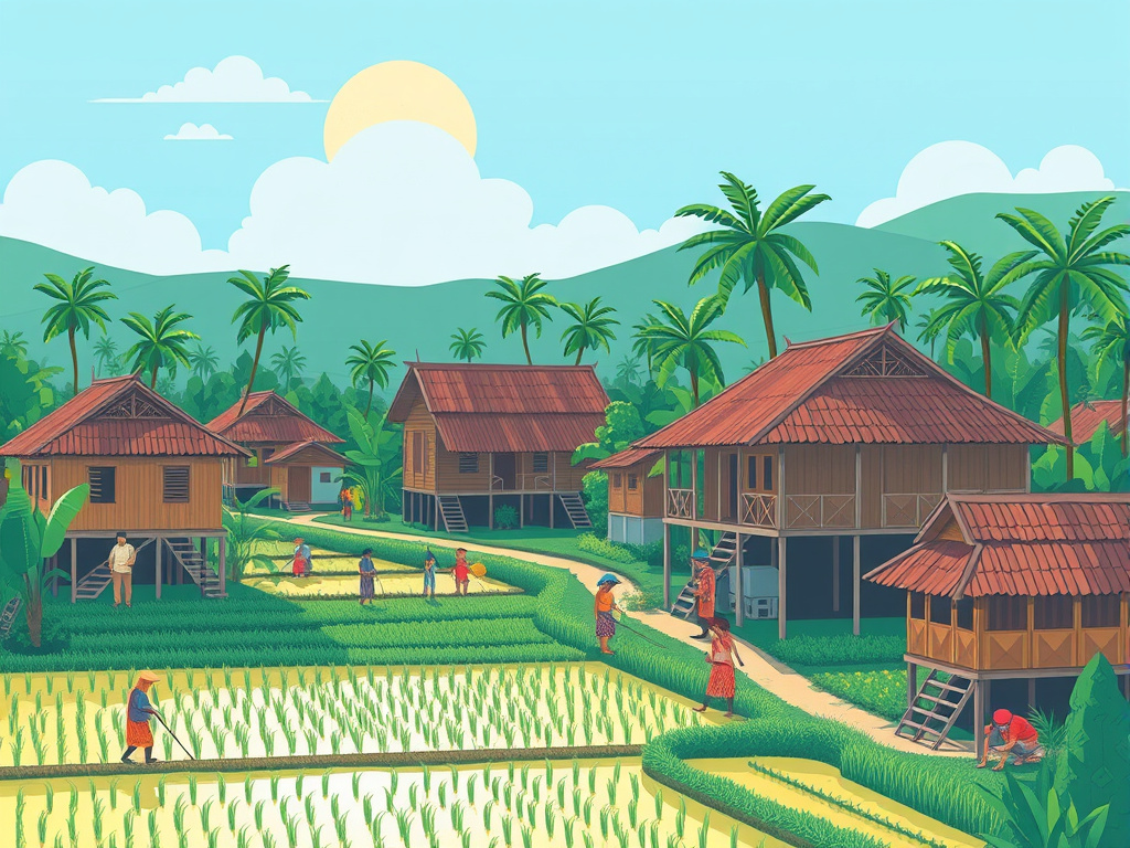 illustration of a traditional Malay village scene with houses on stilts, rice paddies, and people engaged in daily activities