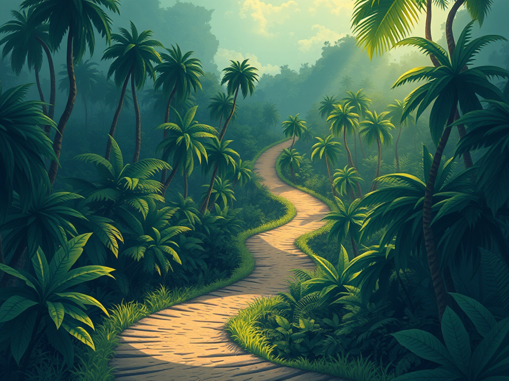 A winding jungle path disappearing into the distance, with a sense of mystery and adventure, corporate illustration style