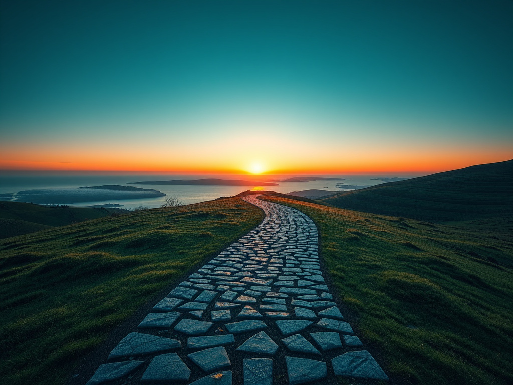 A winding path leading towards a distant horizon, symbolizing the journey of life and the passage of time, corporate style