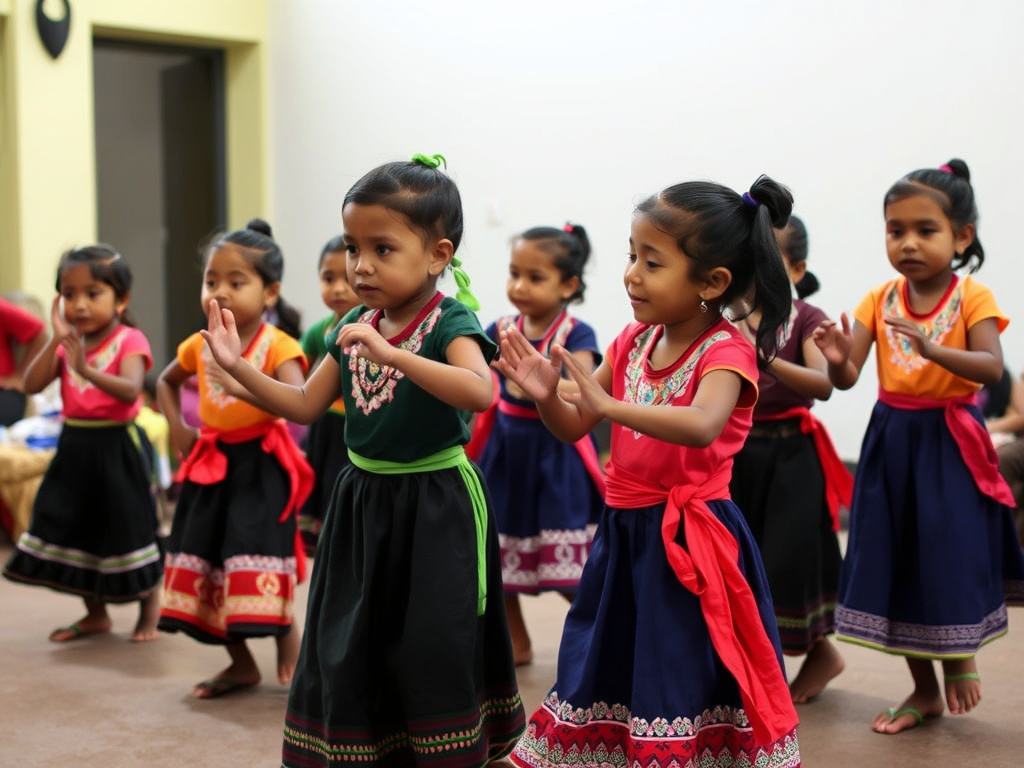 a group of Bajo children enthusiastically participating in a traditional dance workshop