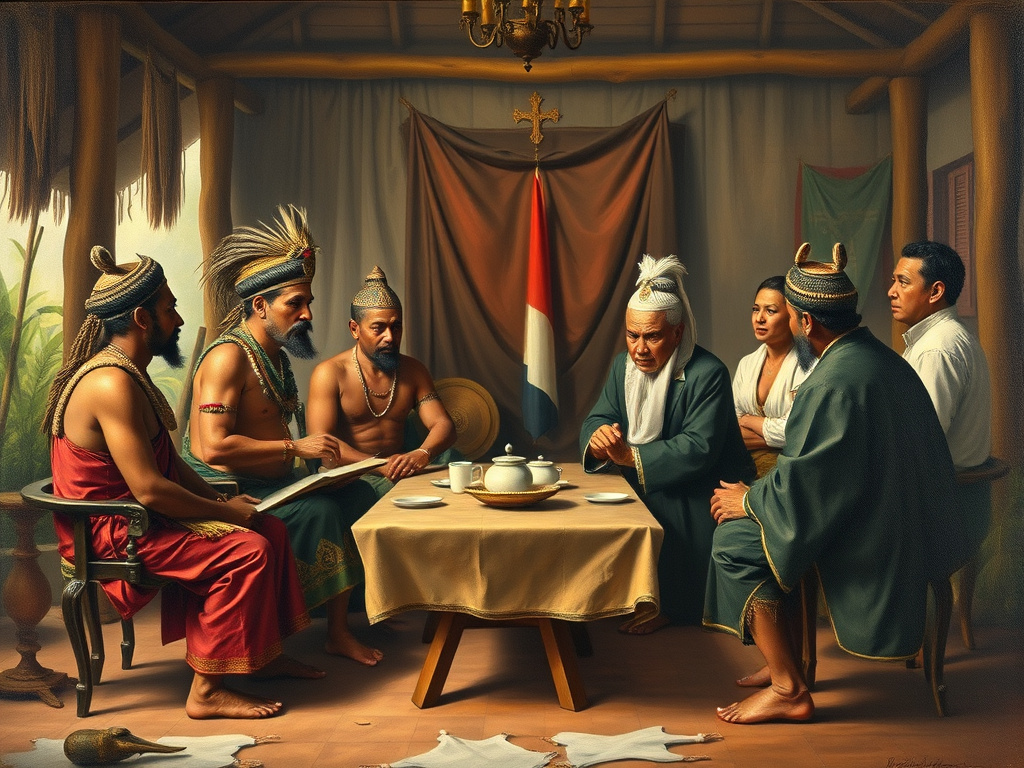 A historical painting depicting a meeting between Dayak leaders and Dutch colonial officials in Kalimantan, illustrating the impact of colonialism, corporate design