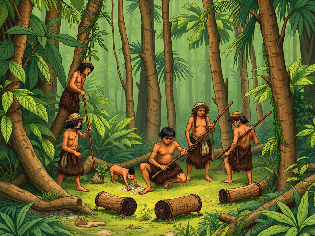 Illustration of early Dayak people engaged in hunting and gathering activities in a dense forest setting, using natural materials.