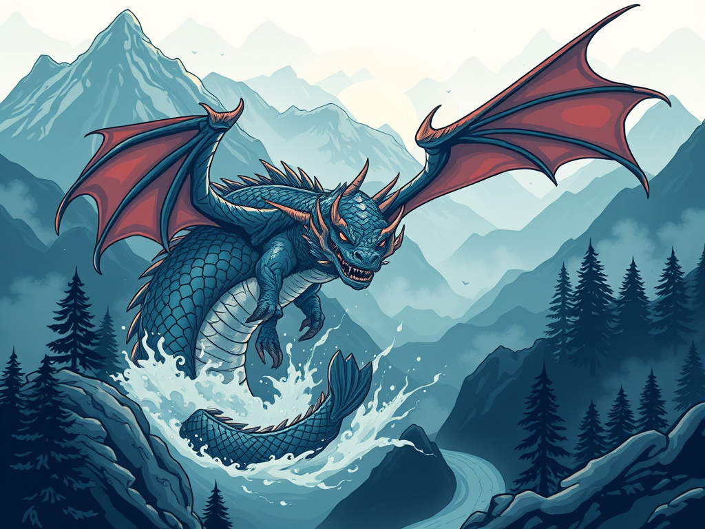 stylized illustration of a mythical dragon battling a giant fish in a misty mountain landscape, corporate design