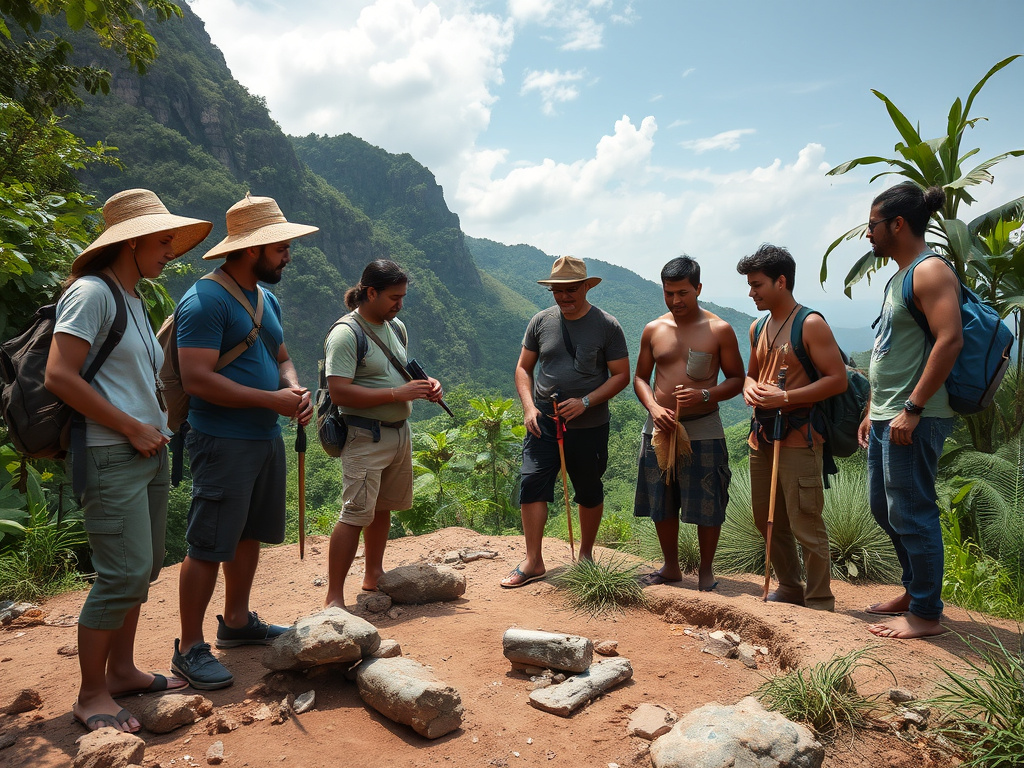 a collaborative research team consisting of archaeologists, linguists, and geneticists working together in a field setting in Southeast Asia, interacting with local community members