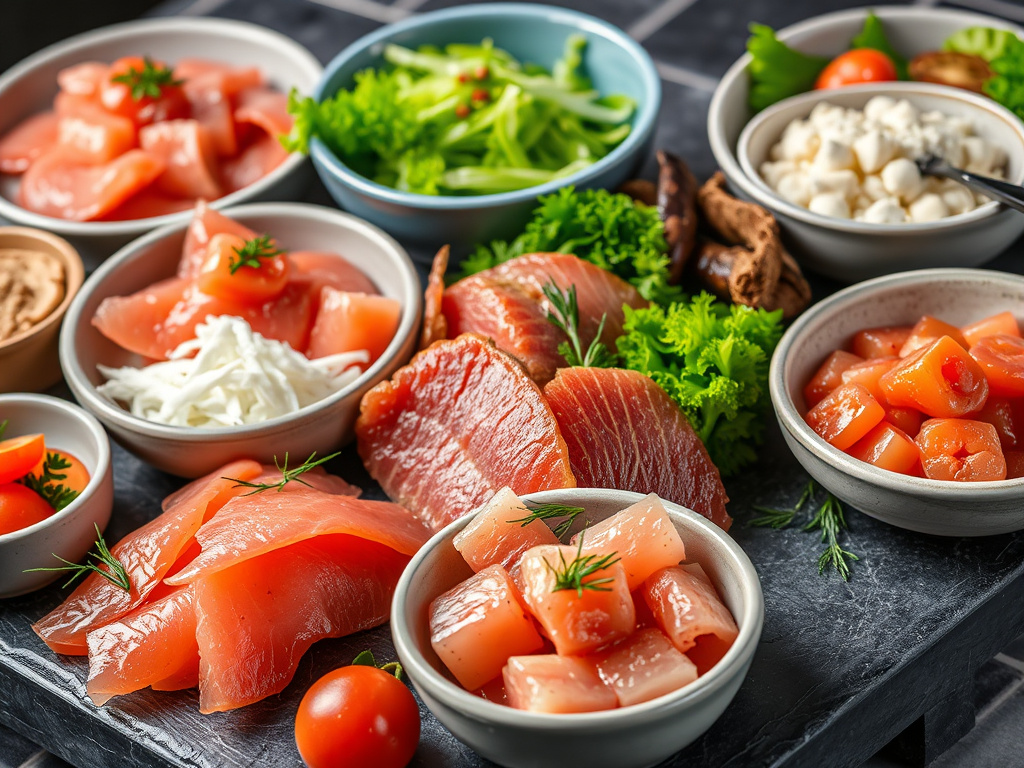 a visually appealing spread of raw food dishes, rendered in a professional and stylish manner, but with a subtle cautionary tone