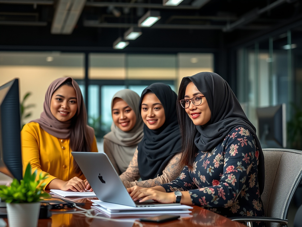 a diverse group of modern indonesian women working together in an office setting, professional lighting, corporate design