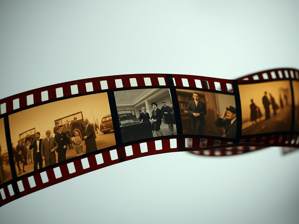 vintage film reel unspooling, with scenes from different historical eras flashing across the frame