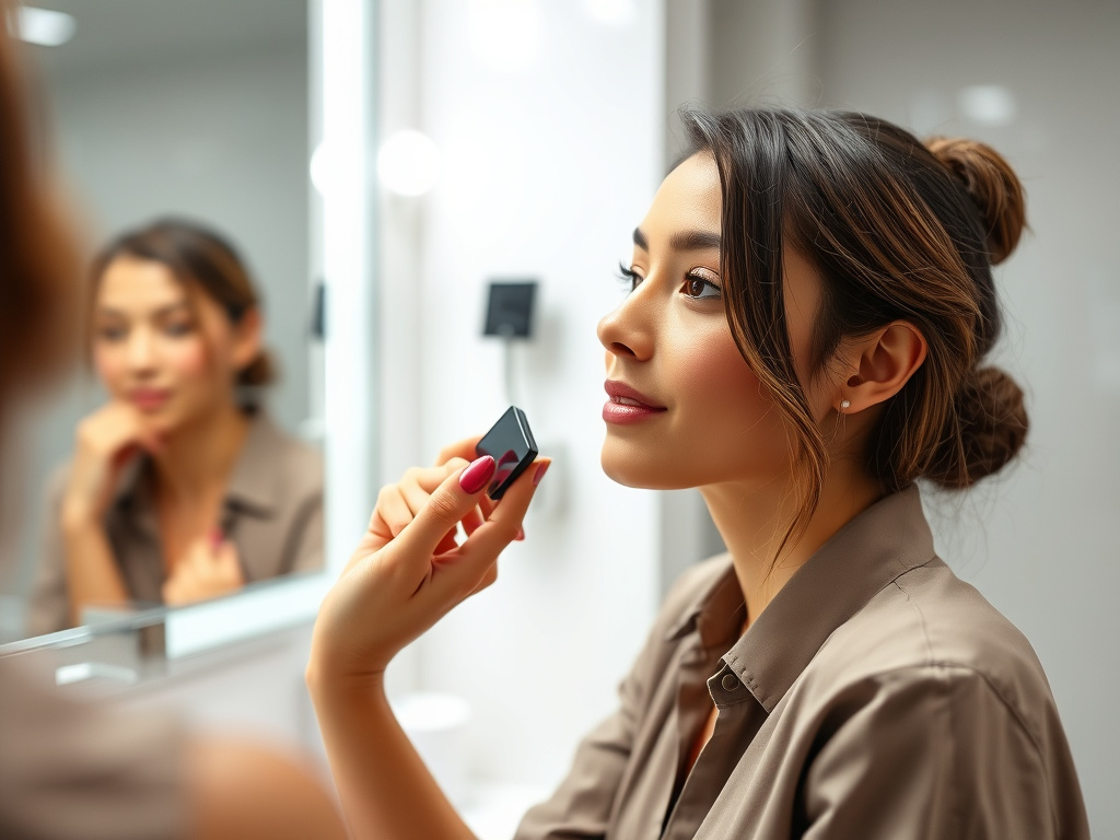 a woman applying natural makeup in a well-lit bathroom, focus on the hand applying blush, corporate style