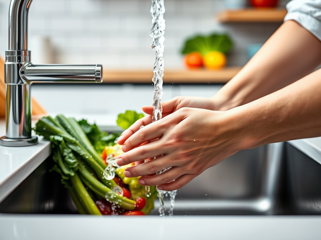 Hands carefully washing fresh produce under running water in a modern kitchen, emphasizing hygiene, corporate visual style