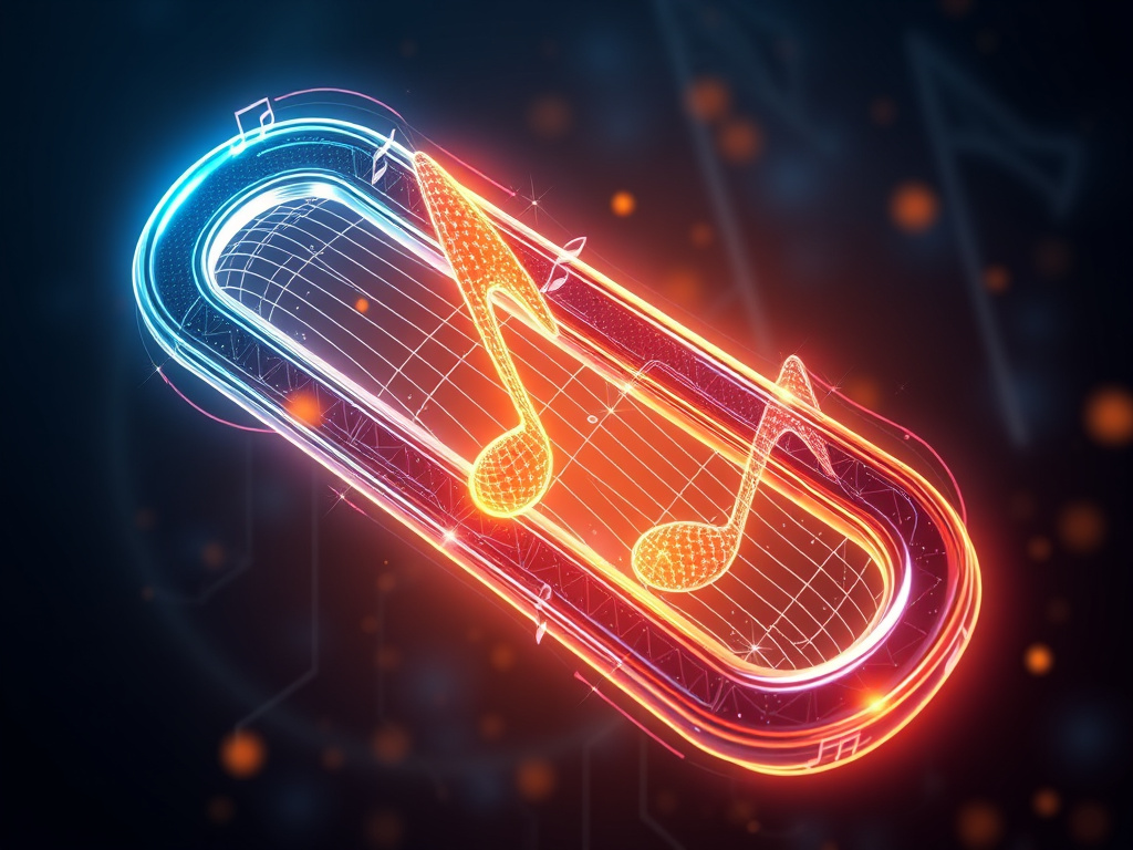 abstract representation of blockchain technology with musical notes integrated into the chain, corporate design