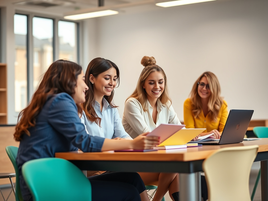a group of women studying together in a bright classroom, collaborative atmosphere, modern corporate style