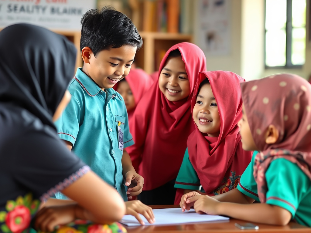 children attending a school lesson in a traditional Javanese setting, positive interaction, bright colors, corporate style