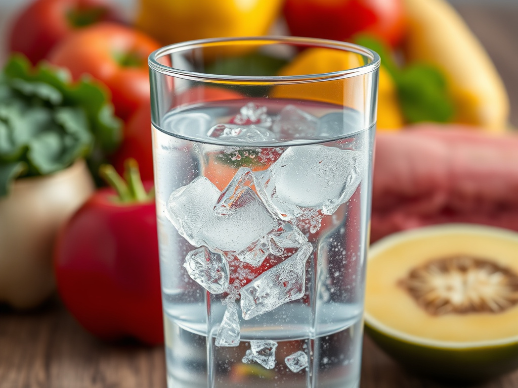a glass of water with condensation, with a background of fresh fruits and vegetables