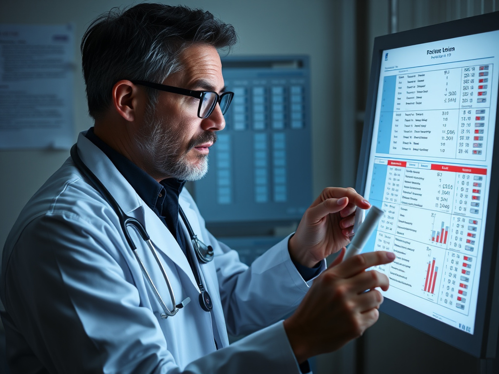 a doctor reviewing a patient's blood test results, looking concerned