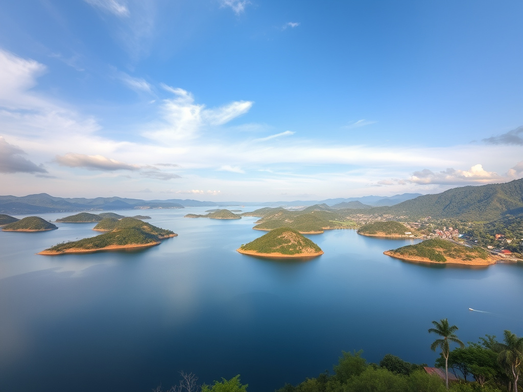 a panoramic view of Lake Toba with a blend of traditional villages and sustainable tourism infrastructure, corporate design