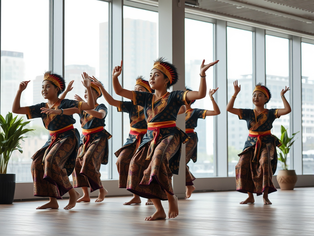 young sundanese people practicing traditional dance, modern setting, corporate design