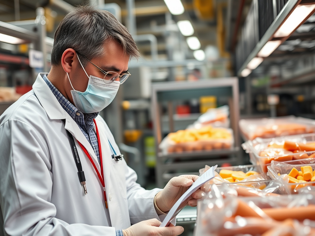 a government inspector examining food products in a processing facility, portraying safety and quality control, corporate professional photography